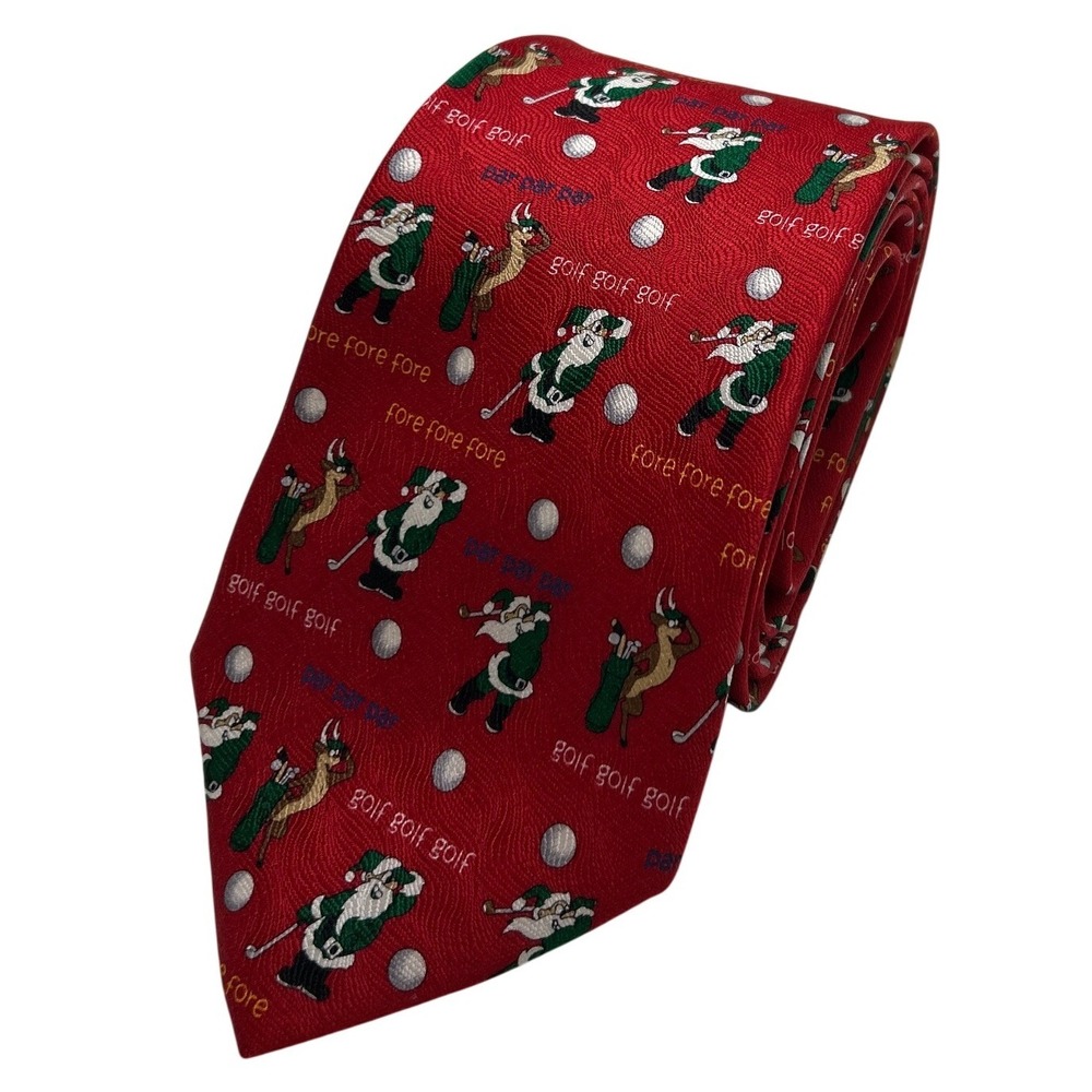 Cape Cod Neckwear Mens Tie Red OS Christmas Santa Golf Reindeer Silk Handmade